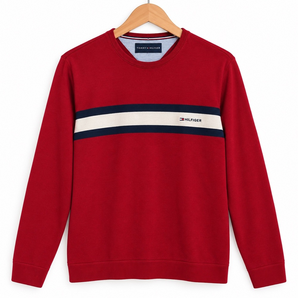VTG Tommy Hilfiger Striped Crewneck Sweater Mens Size M Red Cotton Preppy Y2K